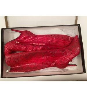 Red snake print knee high boot
